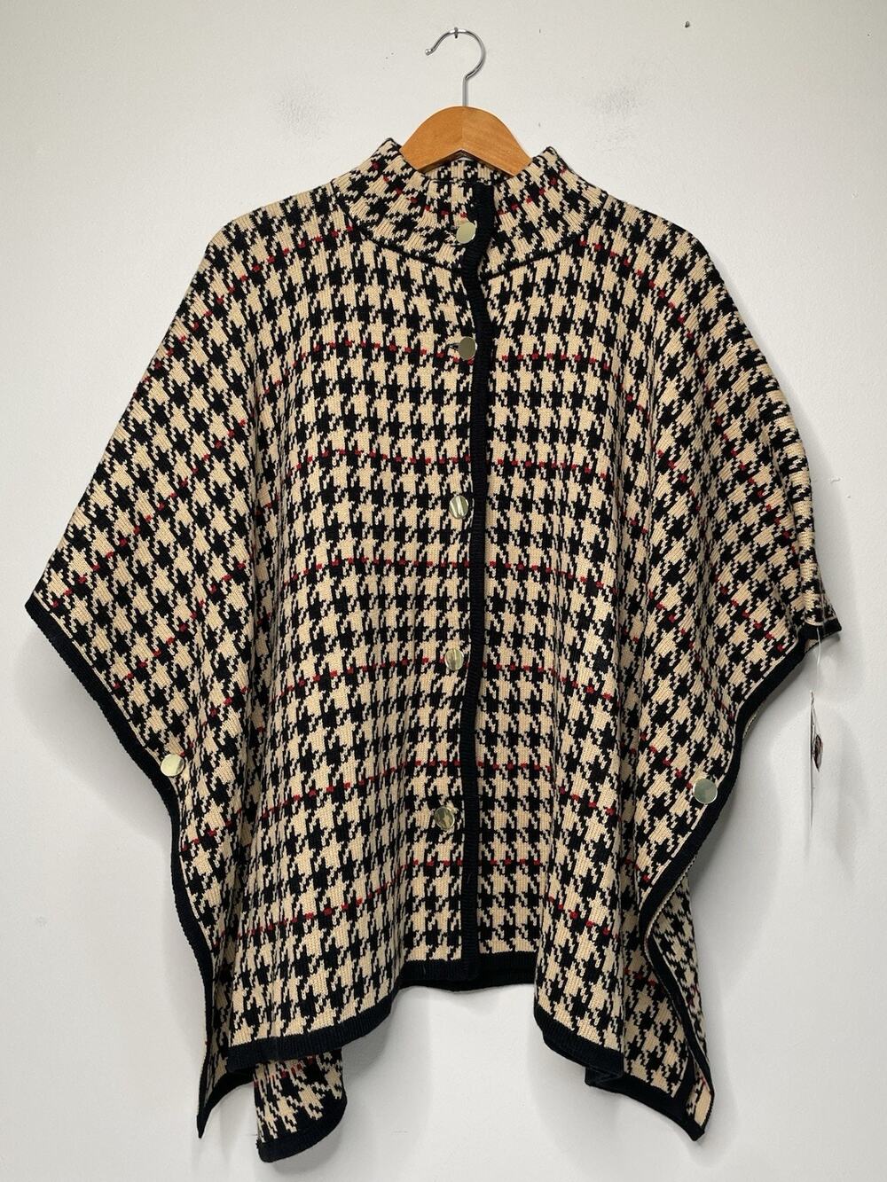 Black Label Evan Picone Sz S Houndstooth Plaid Knit Button Front Poncho Cape NWT